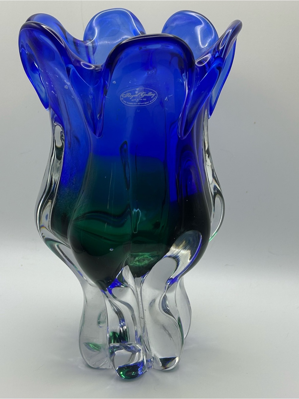 Vintage Royal Gallery Poland Art Glass Tulip Vase 9” Blue Green With Sticker.